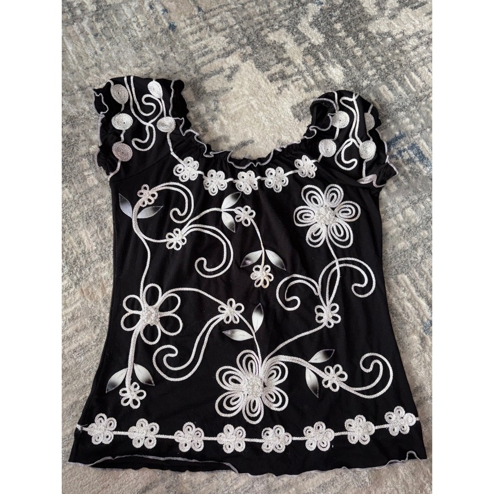 Lauren Michelle Black White Floral Embroidered Scoop Neck Cap Sleeve Blouse S